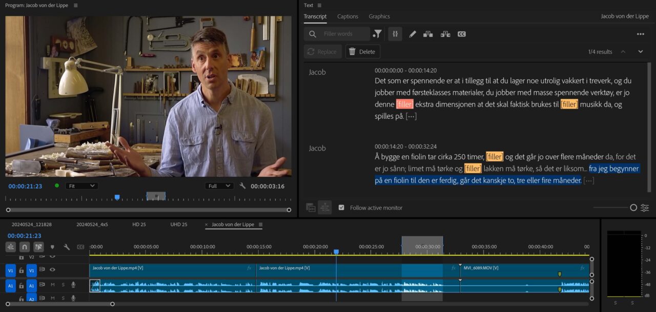 Text-based editing in Adobe Premiere: the transcript next to the timeline, with filler words marked